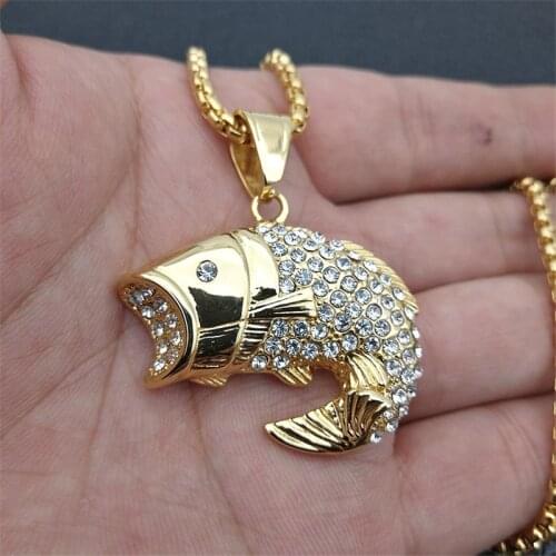 Hip Hop Ice Out Bling Fish Pendants Necklaces For Women/Men Gold Color Stainless Steel Animal Jewelry Cute Dropshipping XL1026