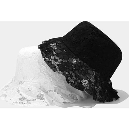 Korean Vintage Ladies Summer Floppy Bucket Hat Embroidery Floral Lace Pleated Ruffles Wide Brim Packable Wedding Sun Cap