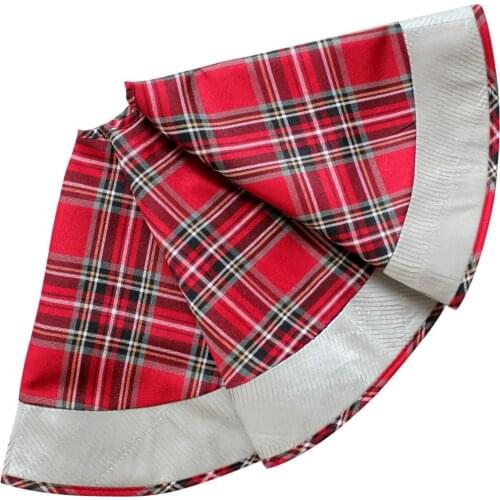 Red plaid design with silvery pleat faux silk border Christmas Tree Skirt-50"