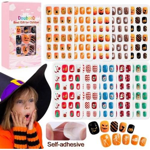 120Pcs/Box Kids Full Cover False Nails Press On Self Adhesive Manicure Tips Halloween Christmas Fake Nail Art For Children Decor