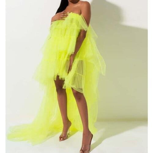 Neon Yellow Layered Tulle Dresses Strapless High low Puffy Pregnant Dress Dramatic Party Gown Maxi Cheap Robes Custom Made