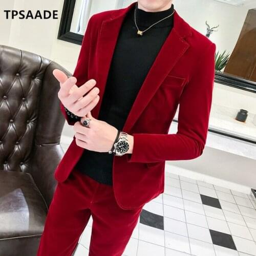 The latest custom groom red velvet business mens suit two-piece fashion trend casual banquet party gentleman Slim fit dress