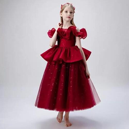 Flower Girl Dress Illusion O-Neck Short Sequined Princess Floor-Length Tulle Lace Off The Shoulder Burgundy Kids Party Gown H485