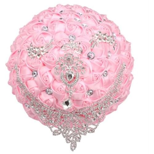Popular Handmade Brides and Bridesmaids Holding Bouquets, Pink Satin Rose Brooch Bouquets, Wedding Supplies FS005