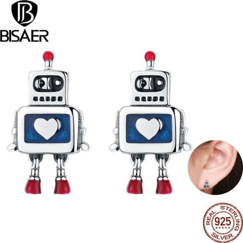 BISAER Hot Sale 925 Sterling Silver Robot Mechanic Stud Earrings for Women Robot Toy Earrings Stud Fashion Jewelry ECE477