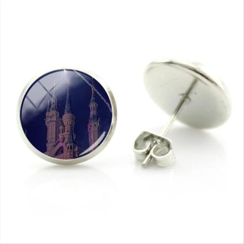 Disney Dream Castle Earrings Beautiful Castle Picture Earrings Glass Cabochon Jewelry Ladies Gift Fashion Style