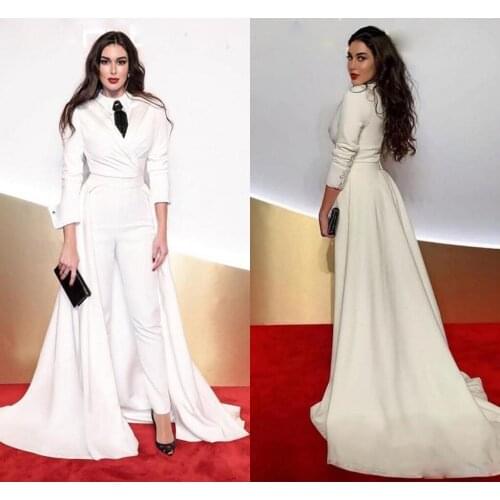 Modern White Jumpsuit Prom Dresses with Detachable Train V Neck Full Sleeve Ruched Ankle Length Pants Celebrity Evening Gowns