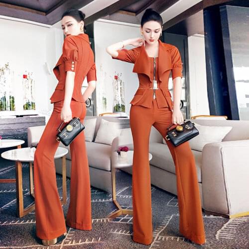 European and American fashion Caramel suit womens 2021 summer new short sleeve waist Lapel top flared pants two piece set