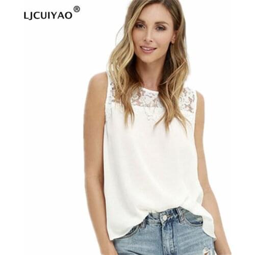 LJCUIYAO Summer Sexy Women Top Casual Chiffon Lace Blouse Floral White Office Shirts O-Neck Tops Feminino Sleeveless Clothes