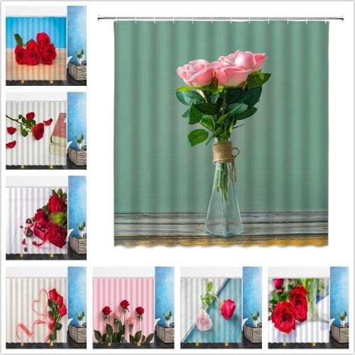 Flowers Landscape Shower Curtains Red Rose Green Plants 3D Print Waterproof Bathroom Decor Home Bathtub Polyester Curtain Set