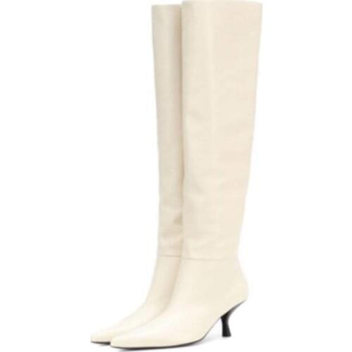 Ins Hot Woman Curve Kitten Heels Over The Knee Boots Pointed Toe Black Beige Cow Leather Thigh Boots Slip On Runway Botas