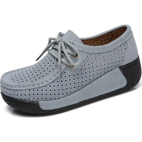 Cow Suede Leather Hollow Retro Womens Flat Shoes Comfortable and Breathable Wedge Heel Platform Shoes; Zapatos De Mujer