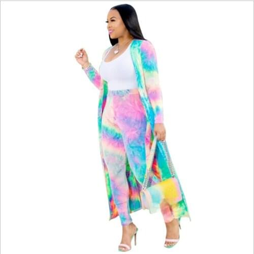 New Women Long Sleeve Printed Jacket Pants Suit Tie Dye Robe Slims Pants Set Female Casual 2PCS Leopard Graffiti Matching Sets