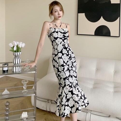 French Style Vintage Sexy Strap Midi Party Club Dress Ladies Elegant Coffee Break Casual Robe Floral Female Beach Mermaid Dress