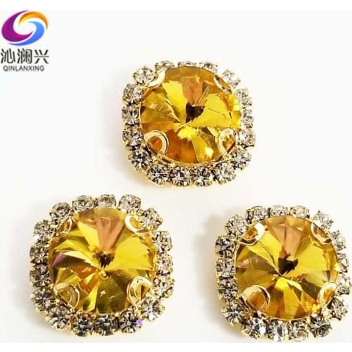 Golden yellow Round shape top glass crystal rhinestones with hole,golden bottom sew on stone for Diy Clothing accessories