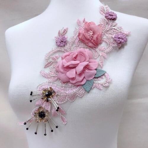 1 Pcs Stylish Floral Lace Applique Pink 3D flowers Alencon corded leaves With Sequin Beaded Lace Applique For lyrical dance