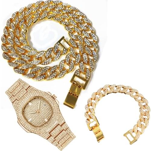 3pcs Kit Hip Hop Iced Out 15MM Paved Rhinestones Miami Cuban CZ Necklace+Watch+Bracelet Bling Rapper Necklaces For Man Jewelry