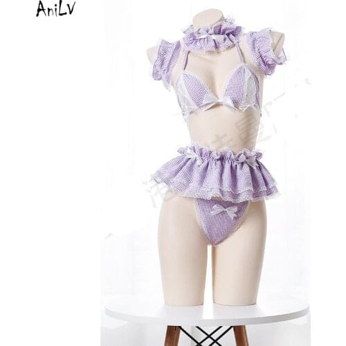 AniLV Rural Girl Lolita Plaid Maid Bikini Swimsuit Costume Japanese Anime Swimwear Uniform Temptation Lingerie Cosplay Clothes