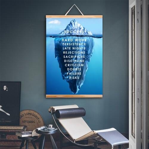 Iceberg Of Success Canvas Poster Wooden Scroll Painting Landscape Motivational Quote Nordic Poster Picture For Living Room Frame