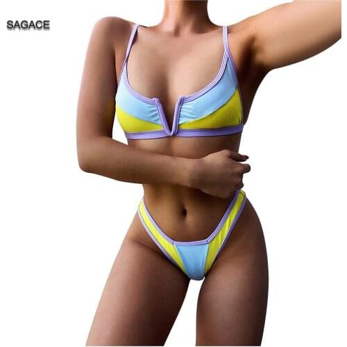SAGACE Lady Sexy Bikini2020 High Waist Solid Mesh Push-up Padded Swimsuit Swimwear Colorblock Bathing Suit Bikinis set Women A63