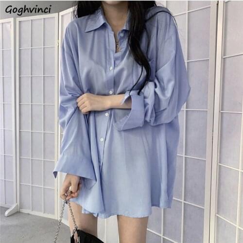 Solid Shirts Women Single Breasted Thin Simple Oversize Korean Style Chic Leisure Fashion Loose Female Blouses Ins BF Teens New