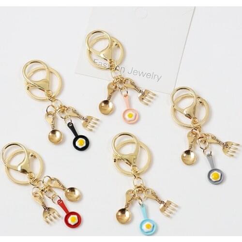 2021 Imitated Fried Eggs Plated Gold Color Creative Dinner Fork Keychain For Women Key Chains Ring Bag Pendent Kids Gifts D736