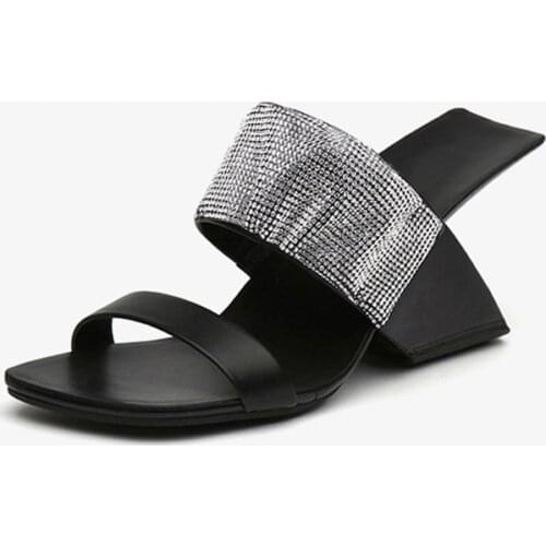 Black shining sandals slipper 8cm strange heels high street fashion simple style sweet slip on cozy lady shoes HL344 MUYISEXI