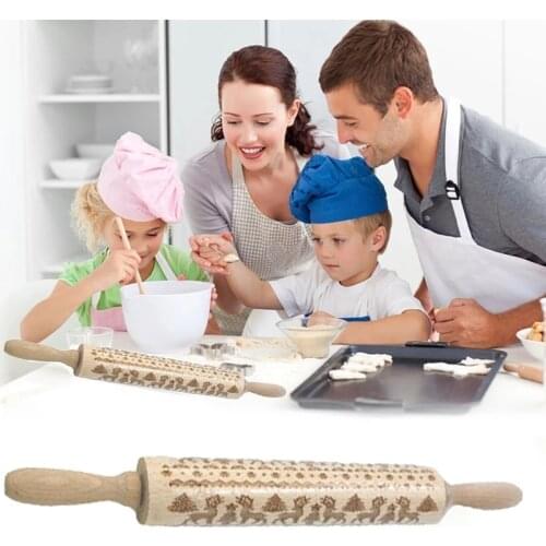 Christmas Embossing Wooden Pin Baking Cookies Noodle Biscuit Fondant Cake Dough Engraved Rolling Reindeer Kitchen Accessories