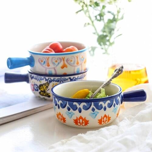 Restaurant household hand painted ceramic rice bowl dessert bowl salad bowl oven single handle breakfast cereal bowl