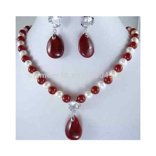 ER84 Hot sale White Pearl And Red stone Necklace Earring Set