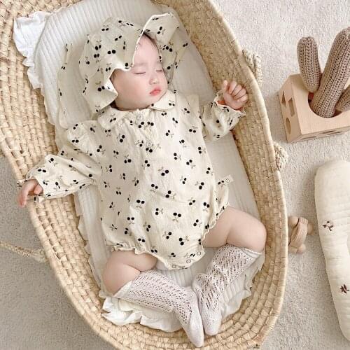 Spring Autumn Infant Baby Rompers with Hat Cherry Print Long Sleeve Clothes 100% Cotton Summer Newborn Baby Girls Rompers