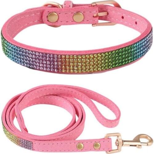 2021 Pet Shiny Rhinestone Collar Leash Set Dog Cat Durable Dog Collar Traction Rope 2Pcs/Suit