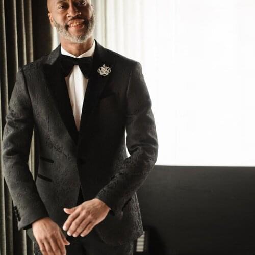 Formal Party Men Suits 2021 Peaked Lapel Black Jacquard Wedding Suit For Men Custom Made Single Breasted Groom Tuxedo Bridegroom