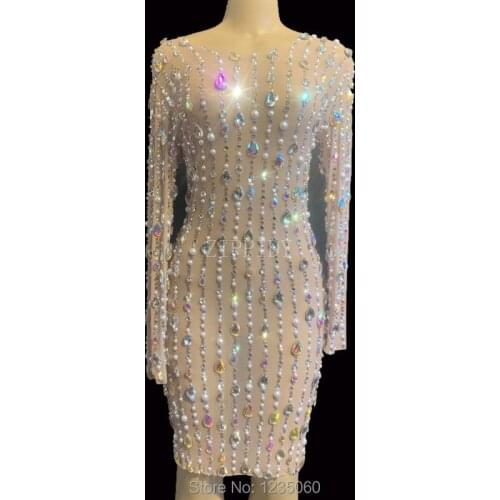 New Design Rhinestones pearls Mesh Dress Birthday Celebrate Stretch Dress See Through Outfit Singer Prom Party Performance