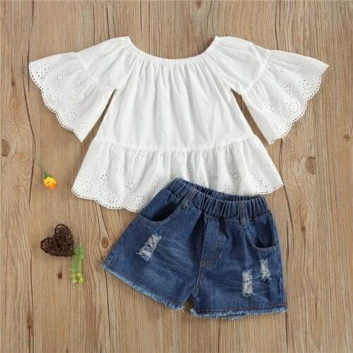 Girl’s 2 Piece Set Fashion Solid Color Round Neck Ruffles Sleeve T-shirt and Ripped Denim Short Pants Summer Outfits for 1-7T