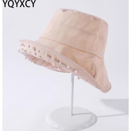 YQYXCY Bucket Hat Women Spring Summer Cotton Solid Color Pearl Beads Fisherman Cap Female Sun Hat Female Soft Foldable Sunshade