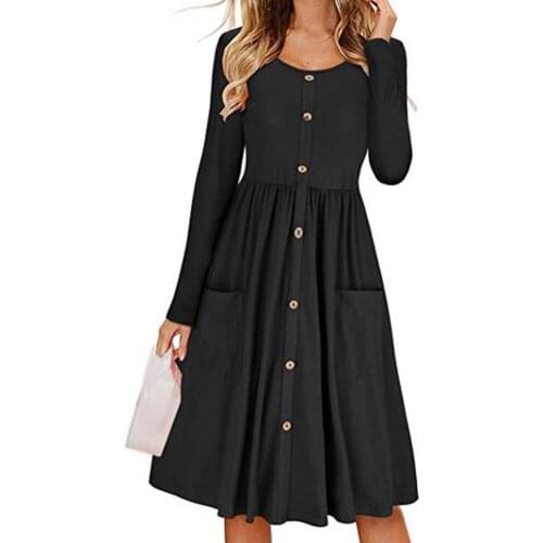 O Neck Pleated Hem Midi Dress Long Sleeve Buttons Closure Pockets Women Tunic Dress Streetwear