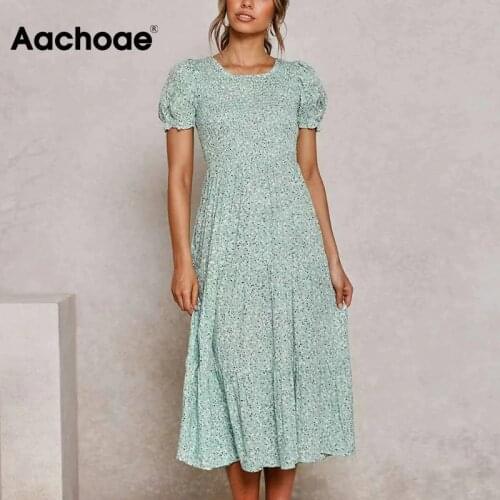 Aachoae Women O Neck Floral Print Boho Dresses Ruffles Elastic Waist Chic Midi Dress Summer A Line Short Sleeve Dress Vestidos