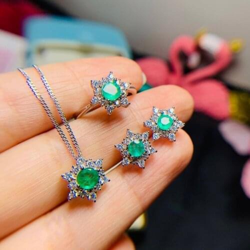 Natural Real Emerald 925 Sterling Silver 1pc Emerald Pendant,1pc Emerald Ring,2pcs Emerald Earring