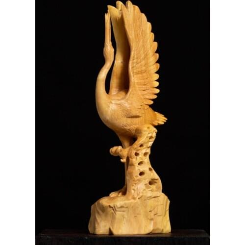 Boxwood 18cm Lucky Crane Sculpture Elder He Shou Gift Home Accessories Crafts Auspicious Crane Wood Statue Ornaments Home Decor