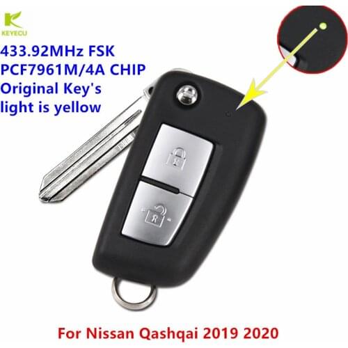 KEYECU Replacement Flip Remote Key Yellow Led 2 Button PCF7961M / 4A CHIP 433.92MHz FSK for Nissan Qashqai 2019 2020