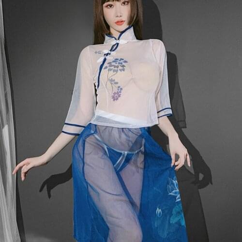 Women Cosplay Costume Sexy Erotic Lingeries Uniform Vintage Chinese Style Qipao Perspective Cheongsam Dress