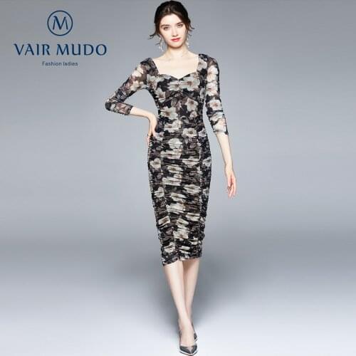 Women Dress Mesh Slim Fit Pack Butt Print Dress Square Neck Ruched Rose French Long Sleeve Dress Black Sexy Fashion Floral Y-112
