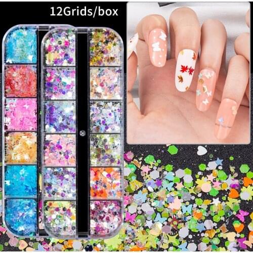 12 Grids Holographic Nail Art Decoration Butterfly Maple leaf Christmas Snowflake Sequins Mixed Fluorescent Glitter Flakes