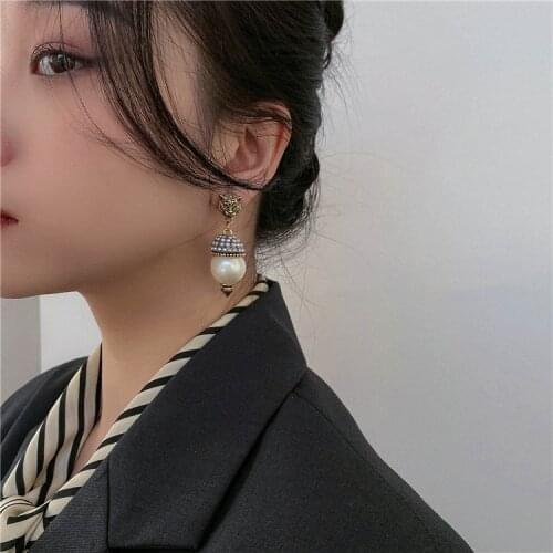 2021 Fashion Tiger Head Pearl Earrings for Women Girls Retro Atmosphere Exaggerated Temperament Big Pendant Earring Jewelry Gift