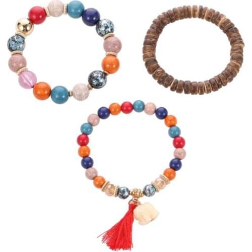 3 Pcs / Set Blue Black Purple Multicolor Beads Elephant Bohemia Elastic Fashion Vintage Bracelets For Women