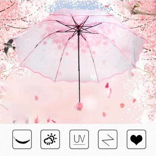 Automatic Cute Sakura Rain Umbrella Transparent Three-fold Umbrella Cherry Blossom Mushroom Sakura Umbrella Rain Gear