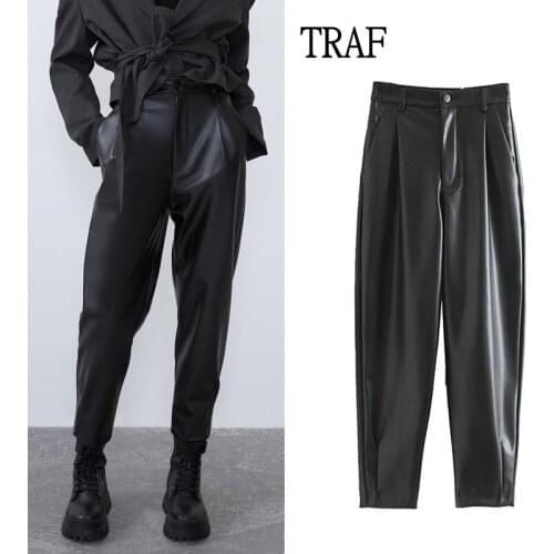 TRAF Za 2021 Women Black Pants Fashion Side Pockets Faux Leather High Waist Pants Woman Elastic Waist Female Ankle Trousers