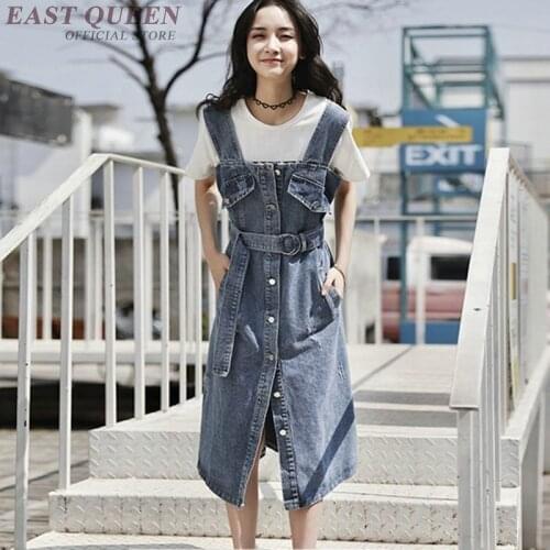 Denim sundress for women jeans pocket belted pinafore dress youth clothing midi dress with belt AA3672