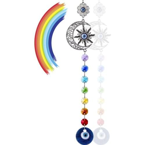 H&D Blue Evil Eye Suncatcher with Moon Charm Chakra Crystal Bead Pendant for Window Garden Rainbow Wall Hanging Decor Protection